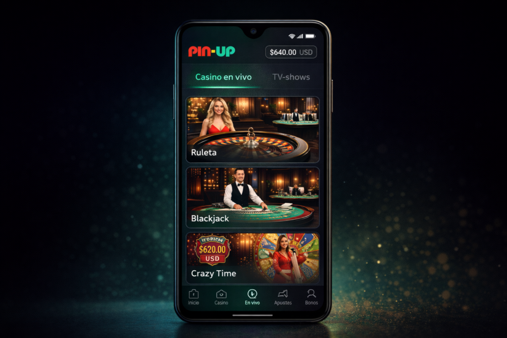 Smartphone displaying Pin Up Ecuador live casino menu with Ruleta, Blackjack and Crazy Time options and USD balance, illustrating cómo jugar en el casino en vivo desde Ecuador.