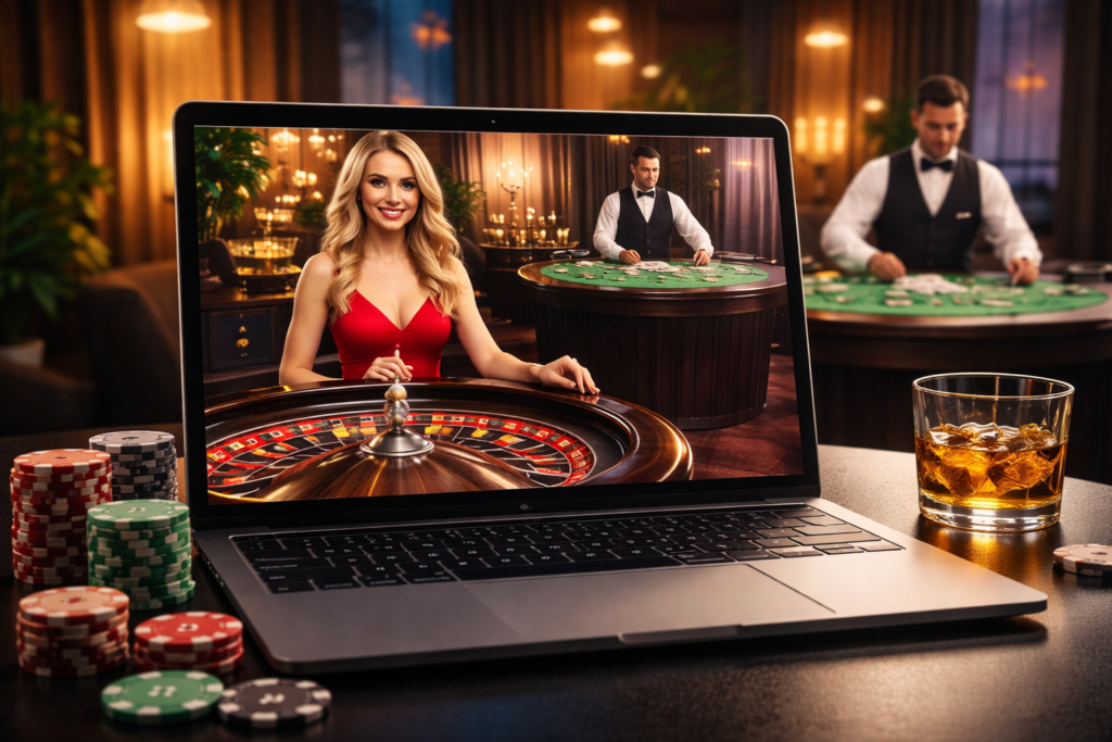 Laptop displaying live casino stream with real dealer spinning roulette wheel and blackjack table, representing juegos con crupieres en directo en el casino Pin Up para Ecuador.
